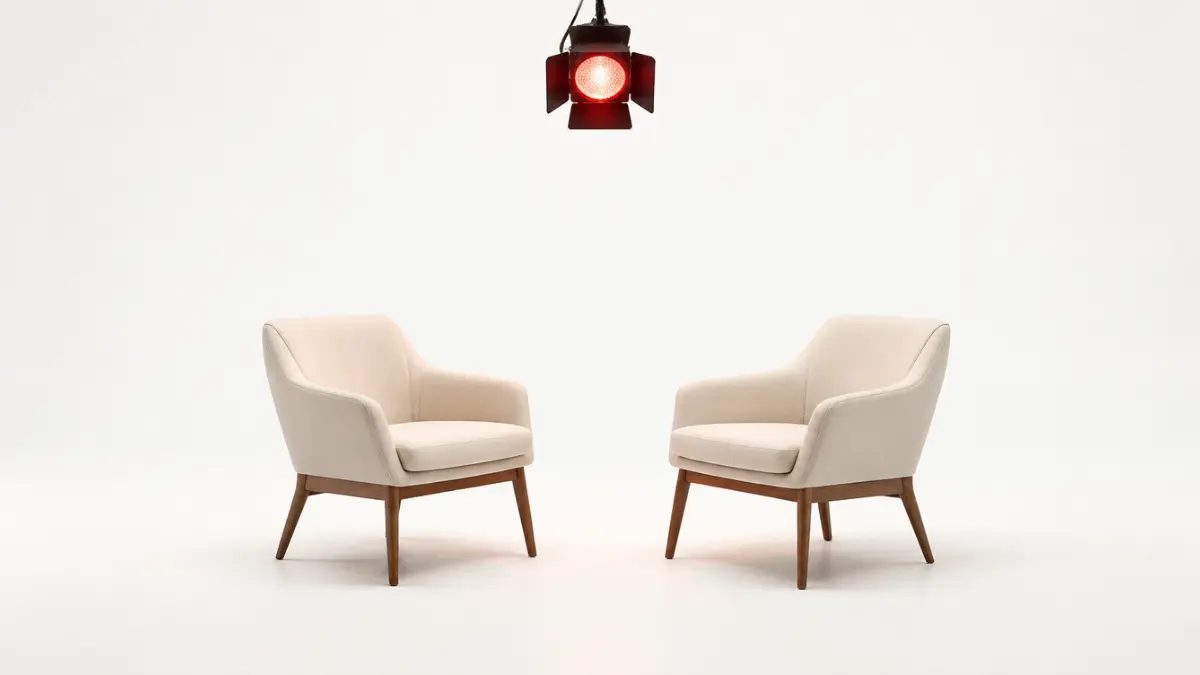 Two empty chairs facing each other under a red on-air light